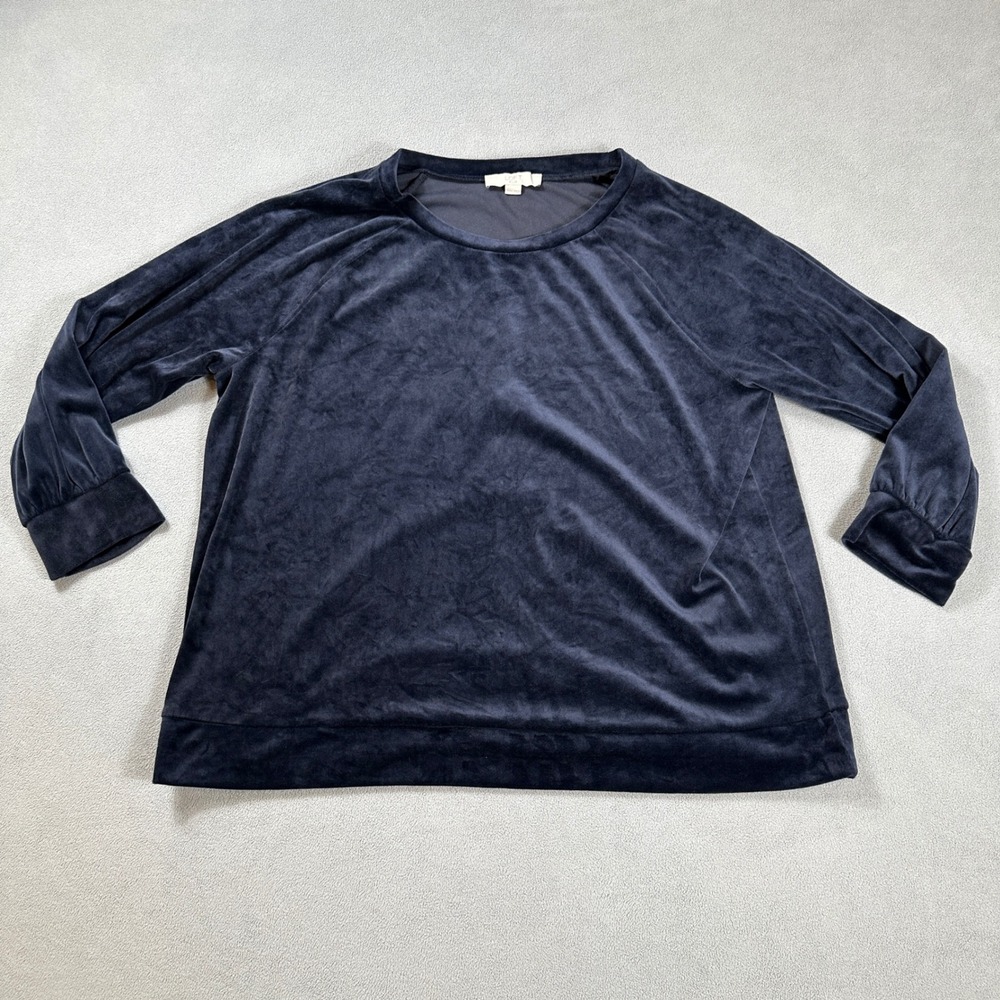 LOFT PLUS Sweater Top Shirt Womens 20/22 Navy Velour Crewneck Long Sleeve Cuffed